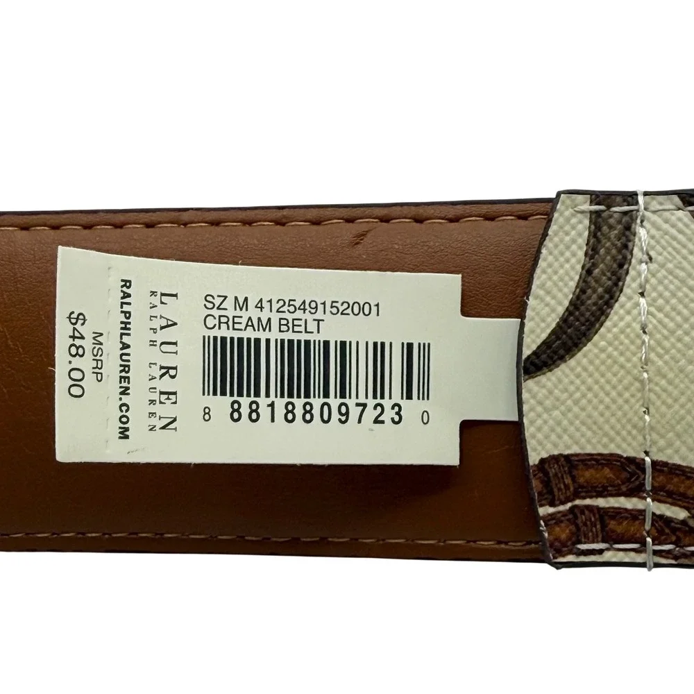 Lauren Ralph Lauren Belt Womens Medium Cream Equestrian Horsebit Print Gold